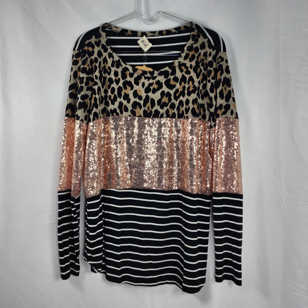 BIBI Leopard Sequin Striped Top Womens Medium Indie Artsy Maximalist Dopamine‎